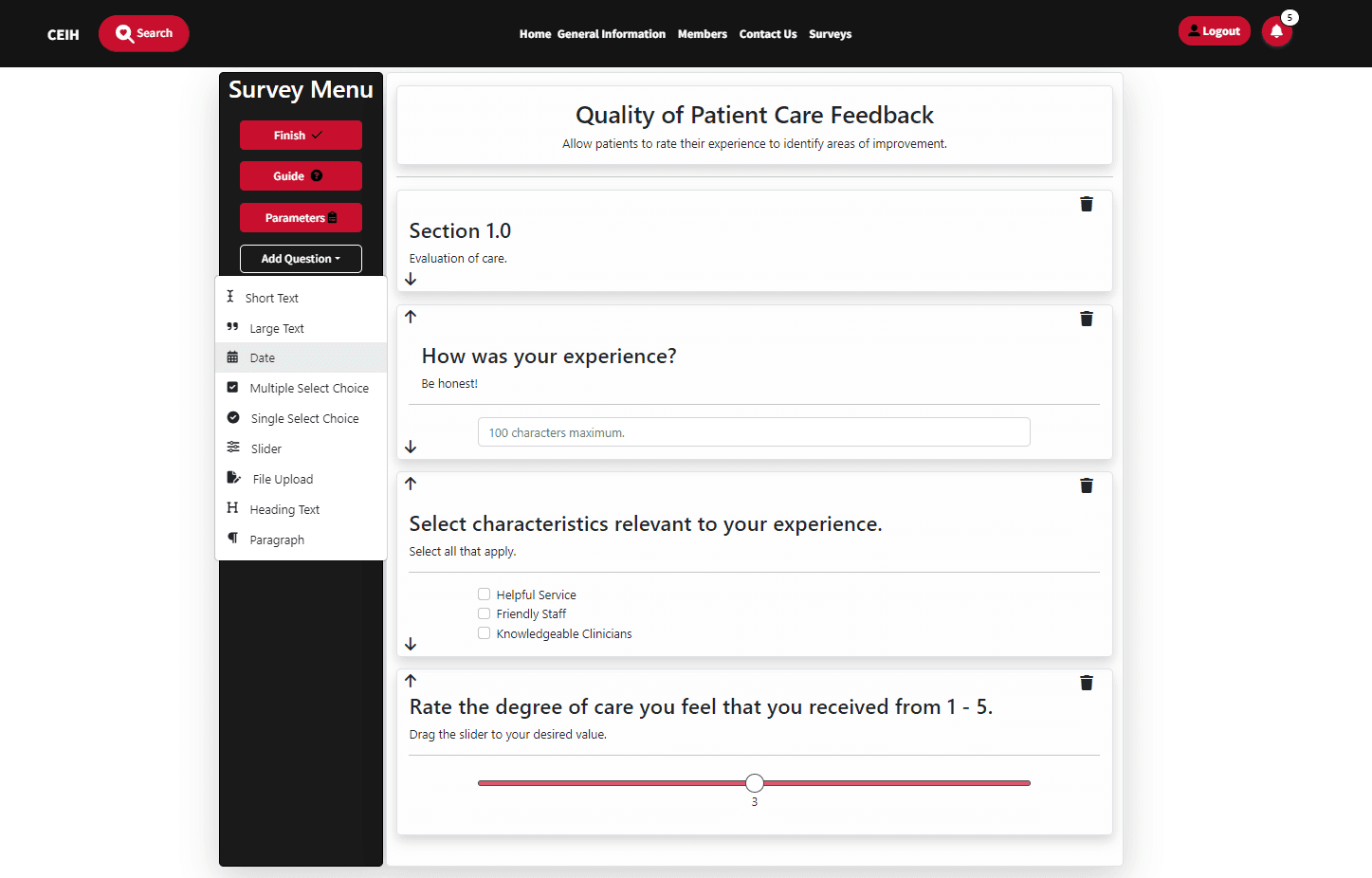 Survey construction tool displays a sticky toolbox on the left and displays the survey to the right.