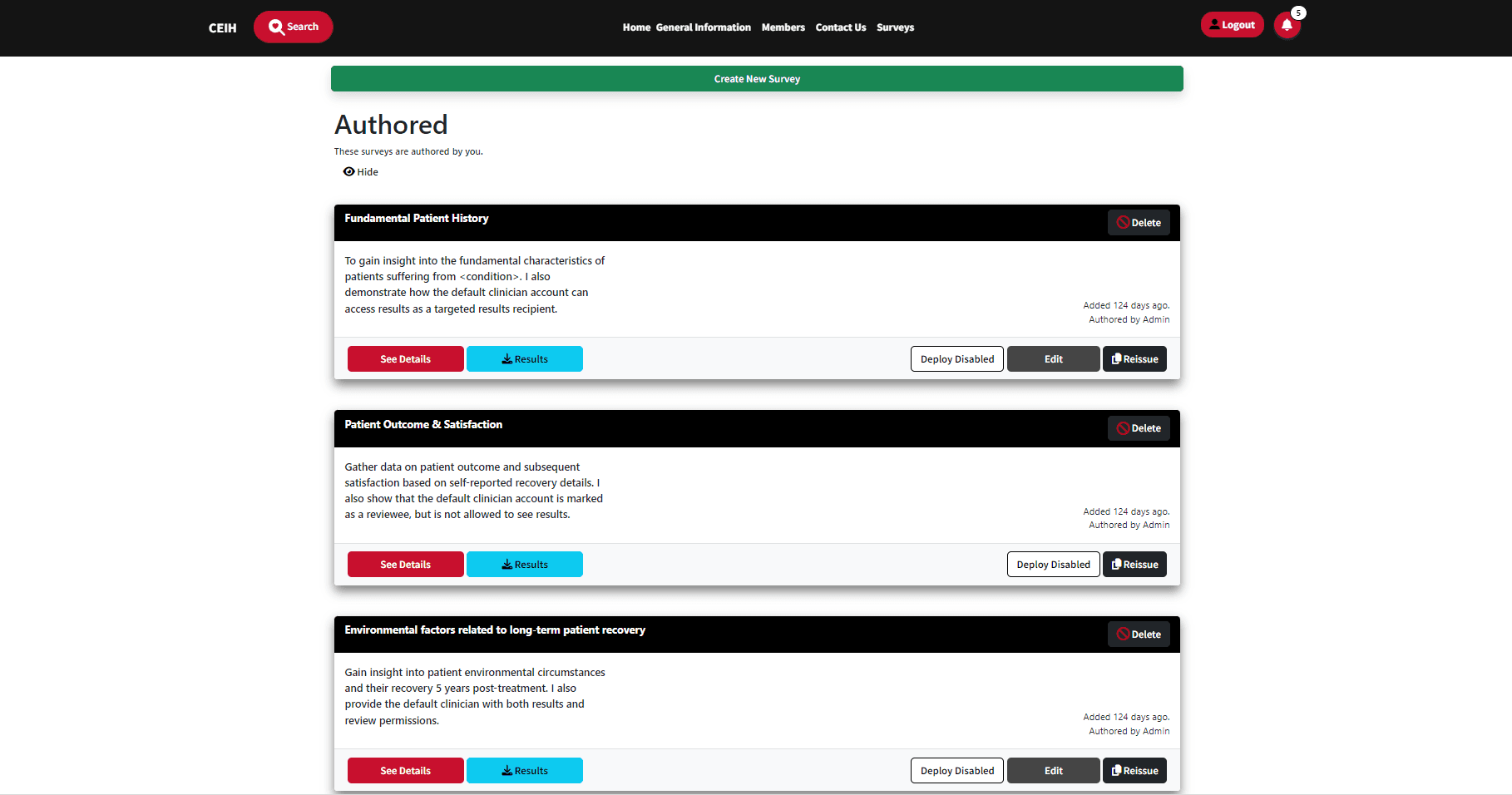 Main survey facility page displaying all active surveys and permissions.